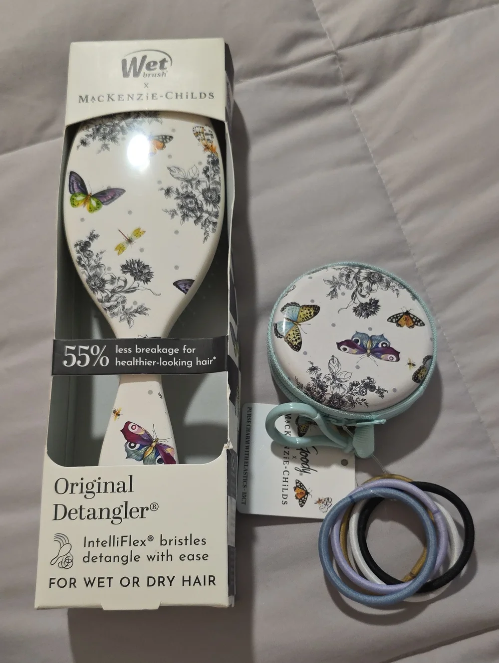 MacKenzie-Childs White Butterfly Kids Detangling Brush Set with Pastel Hair Ties